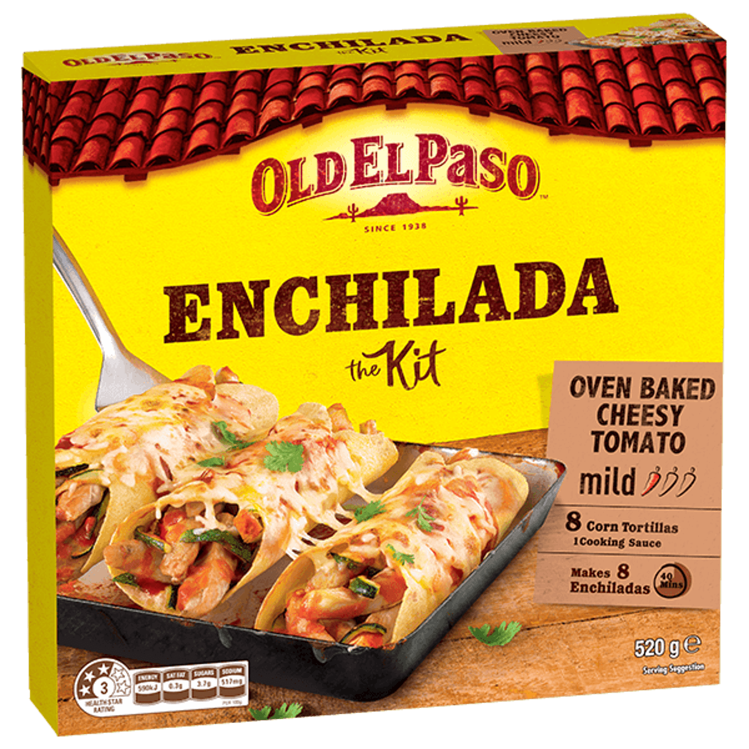 a pack of Old El Paso's oven baked cheesy tomato mild enchilada kit containing corn tortillas & cooking sauce (520g)